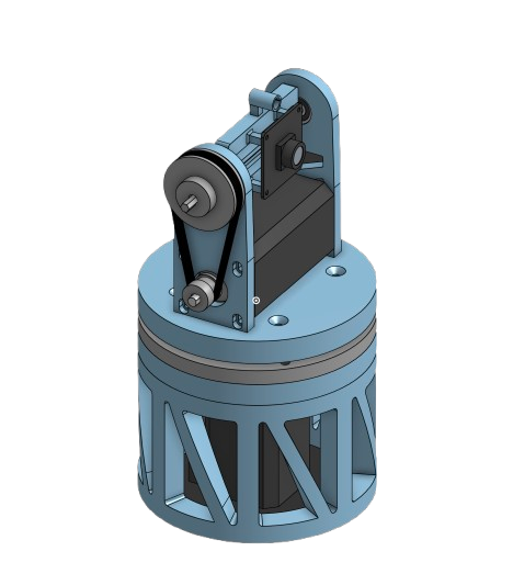 CAD rendering of the pan/tilt turret assembly with belt-driven tilt axis
